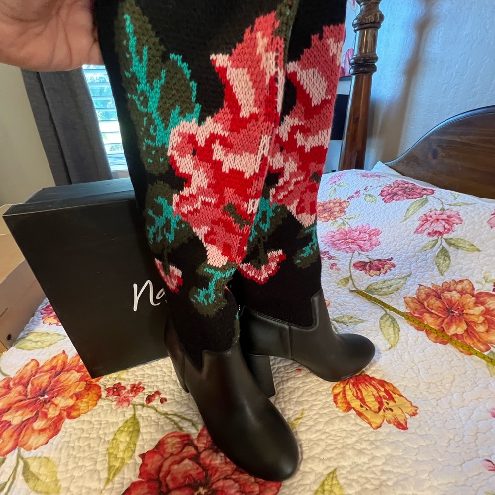 Nanette Lepore Black Leather Floral Knit Boots